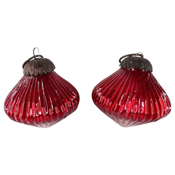 3 Modern Kugel Style Glass Christmas Tree Ornaments Ribbed Red Blue Metal Caps - Picture 2 of 12